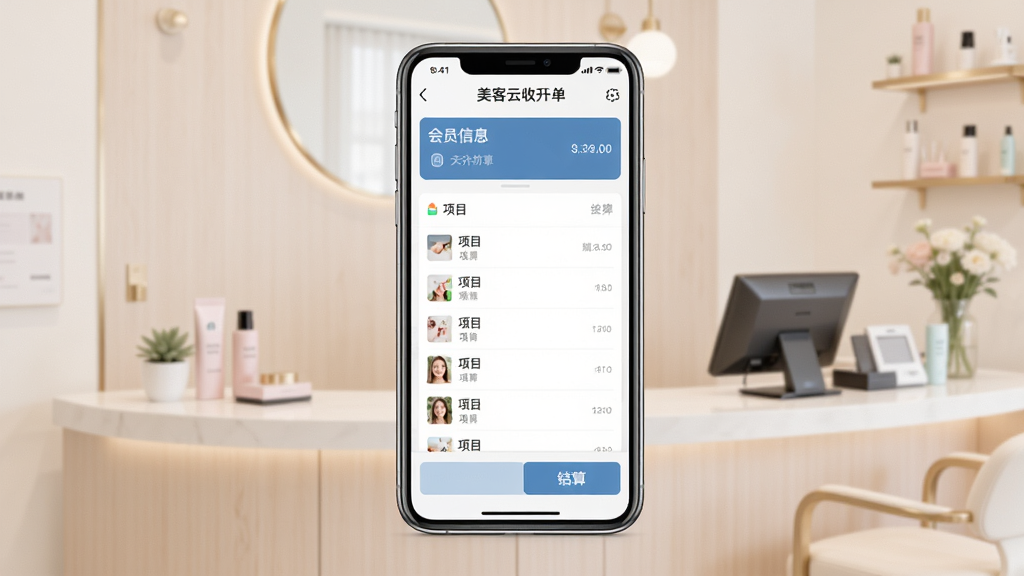 美客云软件主界面展示,画面中央为一部智能手机,屏幕显示美客云收银开单页面,包含会员信息栏、项目列表和结算按钮,背景为简洁的美容院前台环境,浅色调,扁平化UI风格,细节清晰,画质干净,无多余元素