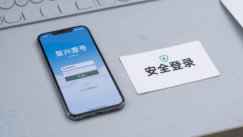 一部手机屏幕显示复兴壹号登录界面,旁边放置一张写有“安全登录”字样的提示卡片,背景为浅灰色工作台面,画面风格为写实产品展示图,光线柔和均匀,细节清晰,整体干净整洁
