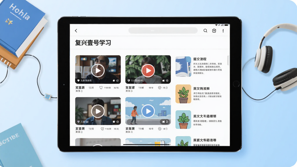 画面展示复兴壹号学习页面在平板设备上的呈现效果,屏幕中排列着视频课程卡片与图文资料列表,旁边散落着书籍与耳机元素,背景为浅蓝色渐变,整体采用简约现代的插画风格,画面通透干净,画质高清