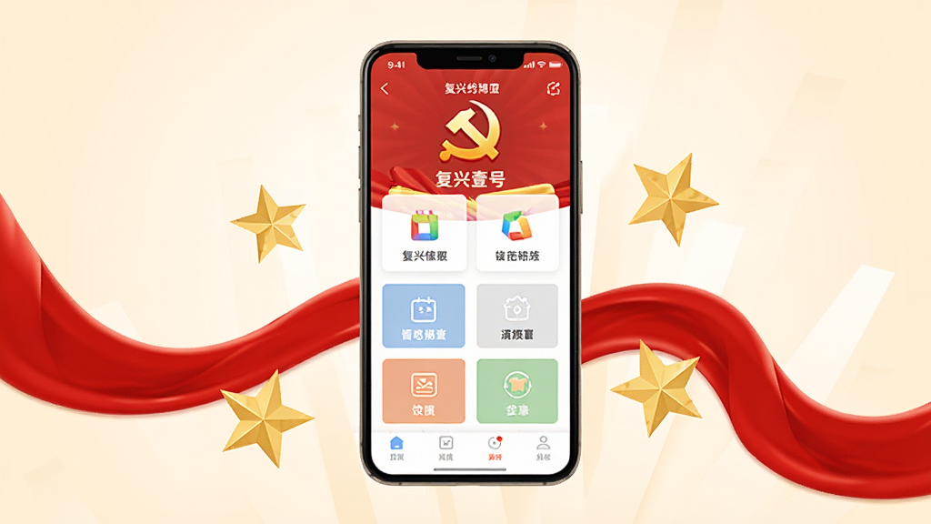 画面中央摆放一部智能手机,屏幕显示复兴壹号应用主界面,包含党徽标识与功能卡片布局,手机两侧环绕着红色绸带与金色五角星装饰元素,背景为浅米色渐变,整体采用扁平化商务插画风格,细节干净利落,画质清晰明亮,无多余杂乱元素