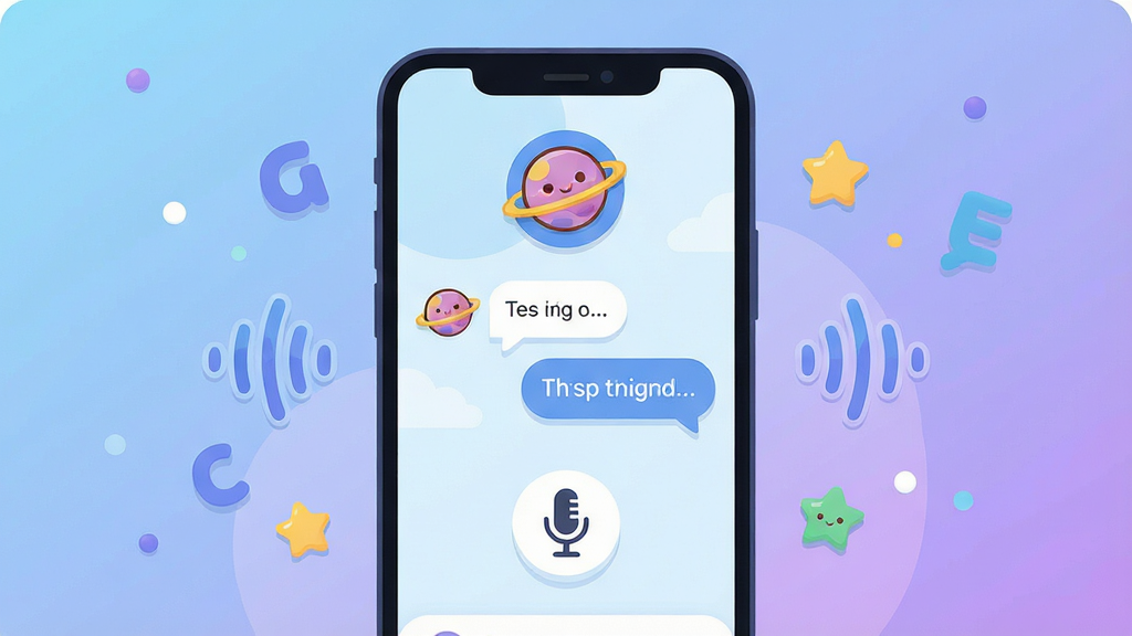 一张展示英语口语学习场景的手机应用界面图,画面中央是一部竖屏智能手机,屏幕内呈现口语星球App的对话练习页面,包含卡通星球图标、麦克风按钮和英语对话气泡,手机周围环绕着字母、音波符号和星星装饰,整体布局为居中构图,风格为清新明快的扁平插画风,细节包括柔和的蓝紫渐变背景、圆润的图标边角、清晰的功能分区,画质清晰干净,无多余元素