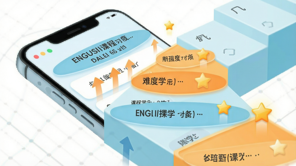 一张展示分级课程体系的界面图,画面主体为手机屏幕内呈现阶梯式课程列表,每级台阶上标注不同难度的英语学习卡片,旁边有向上的箭头和星星奖励图标,布局为手机居中、台阶元素向屏幕外延伸,风格为清新教育类插画,细节包括浅蓝与橙色搭配、圆角卡片、清晰的层级标识,画质干净明亮,无多余元素