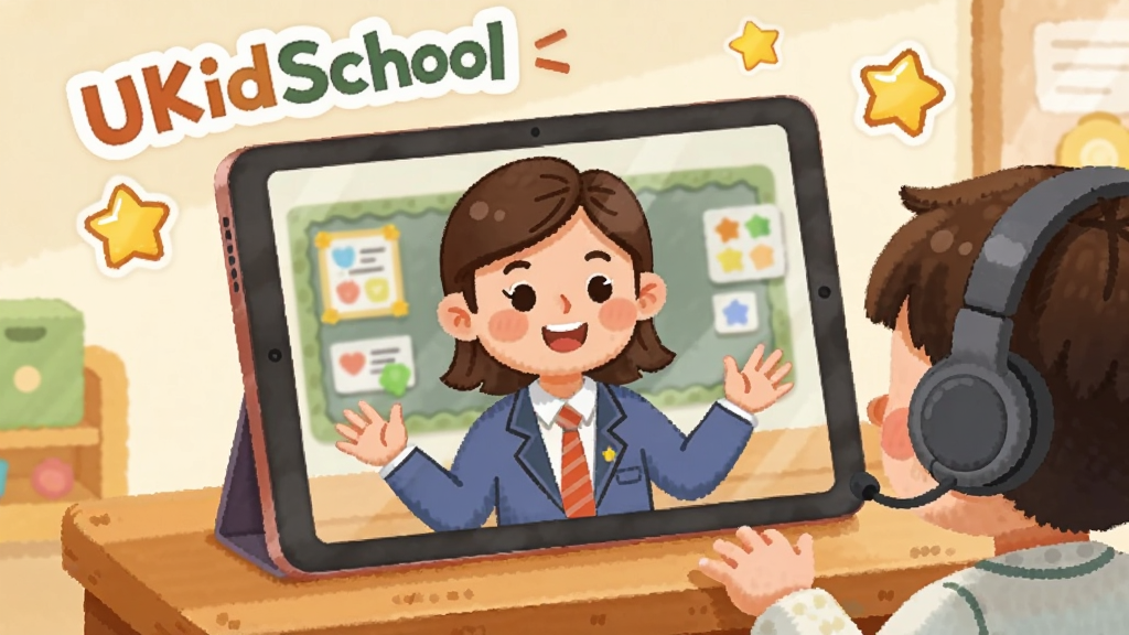 画面展示UKidSchool外教互动课堂场景,一位卡通外教老师出现在平板屏幕中,屏幕外一名儿童戴着耳机跟读,周围漂浮着