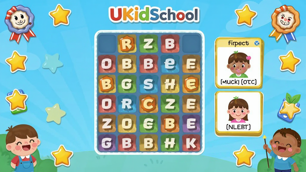 儿童英语游戏化练习界面,画面中有UKidSchool标志,中央是单词消消乐棋盘与听音选图卡片,四周散落勋章、星星和卡通角色,色彩活泼,扁平游戏UI风格,布局饱满但不杂乱,画质清晰干净