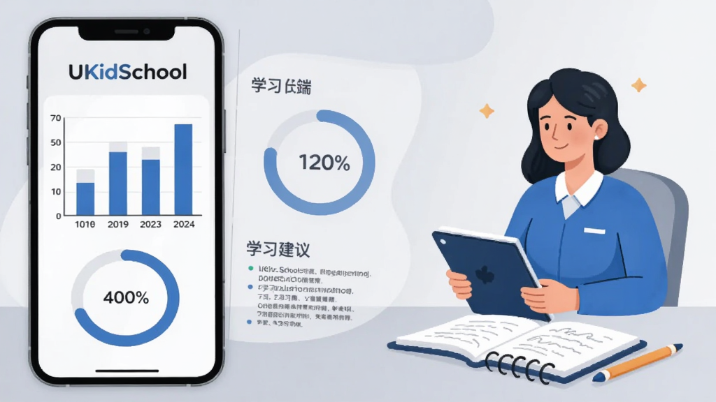 UKidSchool家长端学习报告页面示意图,手机屏幕中显示柱状图、环形进度条与学习建议文字,旁边有家长形象与笔记本,整体浅灰与蓝色搭配,商务简约插画风格,布局规整,细节清晰,高清画质