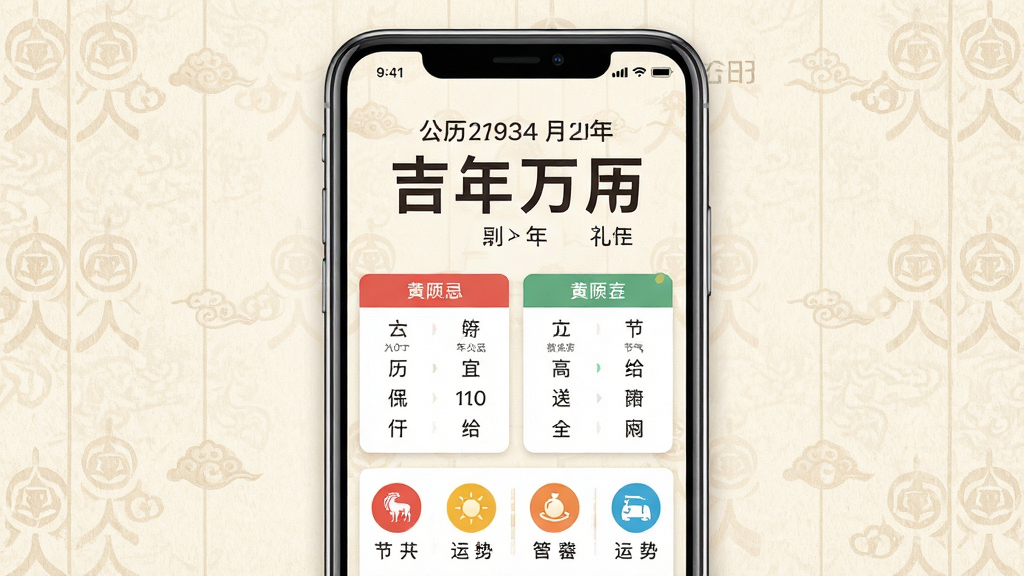 手机屏幕居中展示吉祥万年历应用主界面,上方显示公历日期与农历大字,中部为黄历宜忌卡片布局,下方排列节气与运势图标,背景为浅米色中式纹理,风格简洁清新,细节清晰,画质高清,干净无多余元素