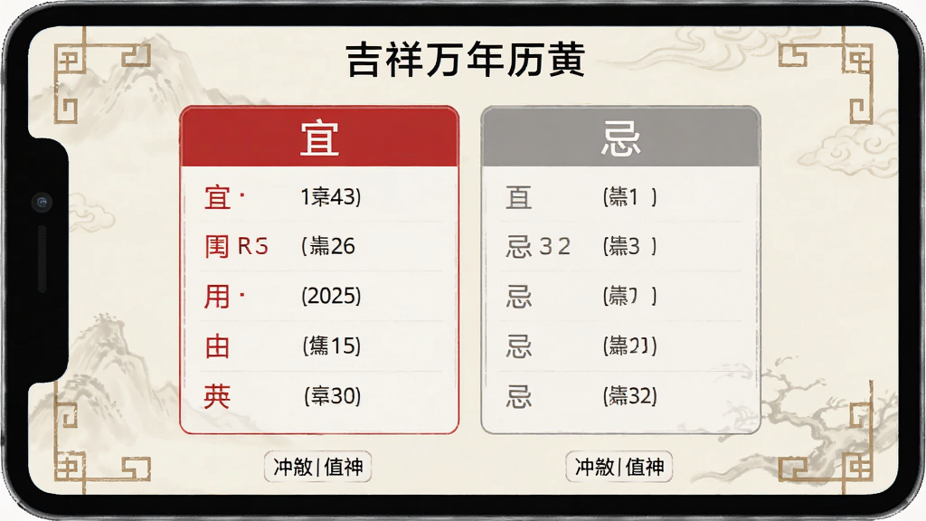 吉祥万年历黄历详情页面特写,屏幕中央显示宜忌两栏对照卡片,左侧红色宜字列表,右侧灰色忌字列表,底部显示冲煞与值神小字说明,整体为浅色中式风格,排版整齐,画质清晰,干净无多余元素