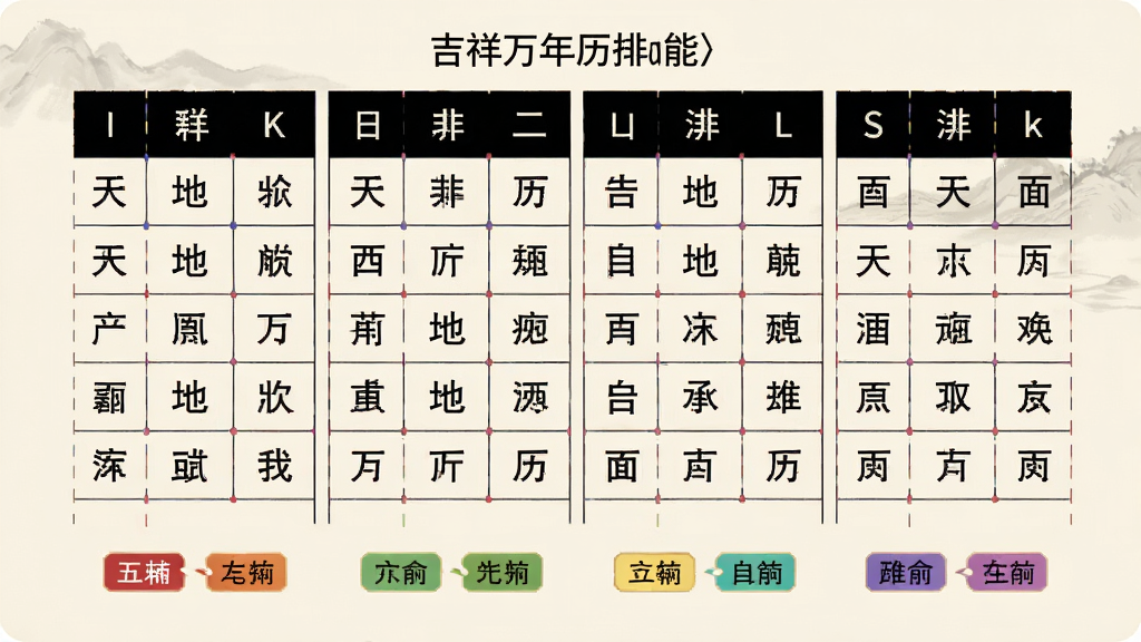 吉祥万年历八字排盘功能界面,屏幕显示四柱表格布局,天干地支文字排列整齐,下方附五行属性小标签,背景为淡雅米白色,风格素净,细节清晰,画质高清,干净无多余元素