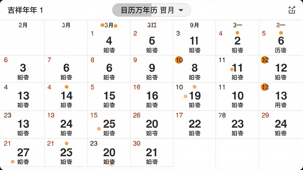 吉祥万年历月历视图界面,屏幕显示整月日期网格,公历数字下方标注农历小字,节气日期以橙色圆点标记,顶部显示年月切换栏,背景为白色简洁风格,排版规整,画质清晰,干净无多余元素