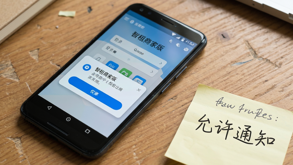 画面主体为一部安卓手机屏幕显示“智租商家版”登录界面,下方弹出权限请求弹窗,旁边放置一张手写便签写着“允许通知”;布局为手机平放在木质桌面,便签位于右下角;排版突出屏幕与便签的关联;风格为生活化数码场景风;细节包含屏幕亮度自然、弹窗按钮清晰、便签字迹随意;画质为高清、干净、无多余元素