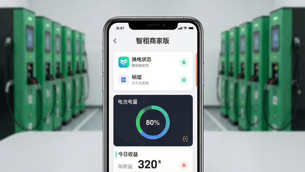 画面主体为一台智能手机竖屏展示“智租商家版”应用主界面,界面中包含换电柜状态卡片、电池电量环形图与今日收益数字;布局为手机居中放置于浅灰色桌面,背景虚化出现两排绿色换电柜;排版简洁,顶部留白放置应用名称文字“智租商家版”;风格为现代科技感扁平化UI展示风;细节包含手机边框高光、界面图标清晰、换电柜指示灯微亮;画质为高清4K、干净无多余元素