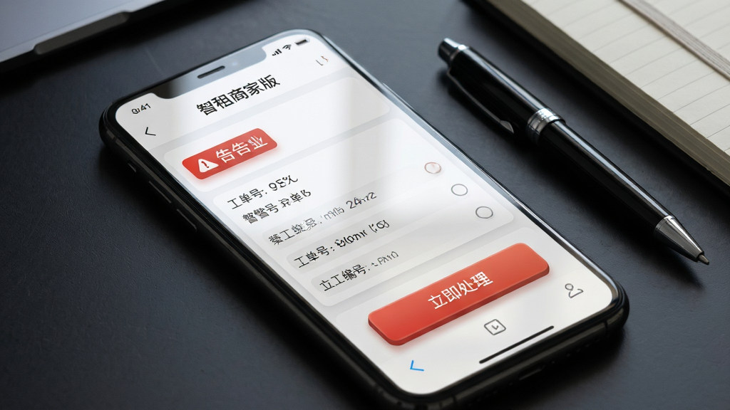 画面主体为手机屏幕特写,显示“智租商家版”告警工单详情页,页面中有红色告警标签与“立即处理”按钮;布局为手机斜放在深色办公桌面上,旁边有一支笔和笔记本;排版以屏幕为视觉中心;风格为简洁办公风;细节包含屏幕反光自然、按钮立体感、工单编号可见;画质为高清、干净、无多余元素