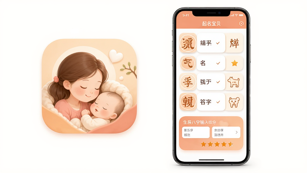 一款名为“起名宝贝”的手机应用图标与界面展示,主体为暖色调母婴风格,布局为居中展示软件主界面截图,左侧放置应用图标,右侧展示名字列表与生辰八字输入框,排版简洁清晰,风格温馨亲和,细节包含汉字卡片、生肖图案与评分星级,画质高清,干净,无多余元素
