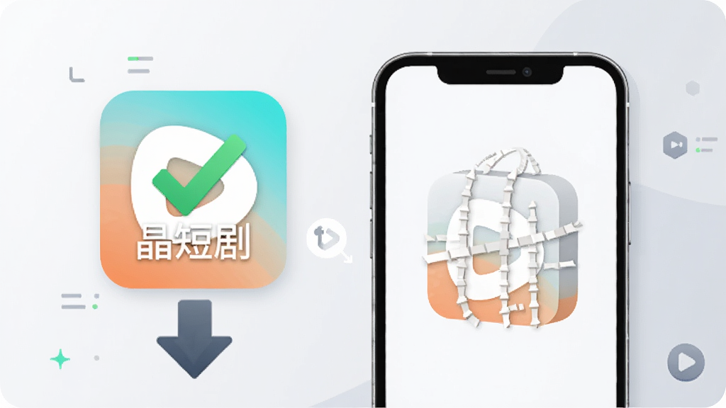 轻量化应用安装场景图,画面主体为一部手机与一个悬浮的安装包图标,布局为左右构图,手机在右侧、安装包图标在左侧并带有向下箭头,排版简洁,风格为科技感扁平插画风格,细节上安装包图标带有绿色对勾标记、背景为浅灰渐变,画质高清、干净、无多余元素,图片中文字为“晶短剧”