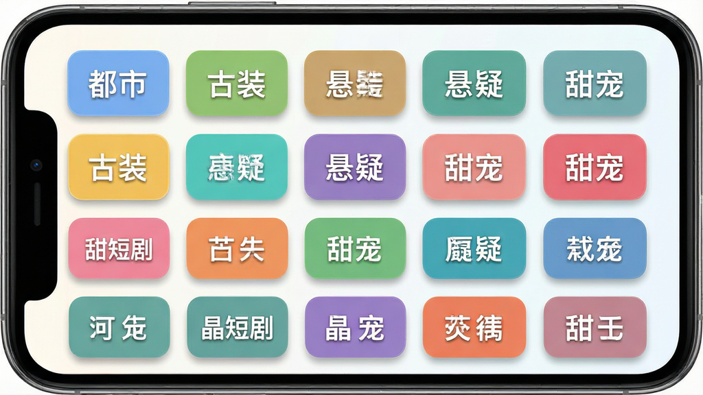 短剧内容分类展示界面,画面主体为手机屏幕内的分类标签墙,布局为网格状排列,多个彩色标签方块整齐分布,标签上写有“都市”“古装”“悬疑”“甜宠”等文字,排版清晰有序,风格为清新明亮的扁平化设计,细节上标签带有轻微阴影与圆角、背景为浅色渐变,画质高清、干净、无多余元素,图片中文字为“晶短剧”