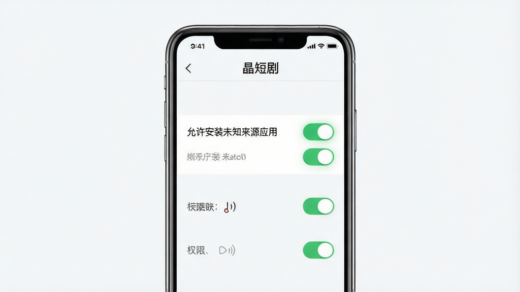 手机应用使用教程示意图,画面主体为一部手机屏幕显示设置界面与权限开关,布局为居中构图,手机位于画面中央,屏幕内显示“允许安装未知来源应用”开关处于开启状态,排版清晰,风格为简洁的UI示意图风格,细节上开关为绿色高亮、背景为浅色,画质高清、干净、无多余元素,图片中文字为“晶短剧”