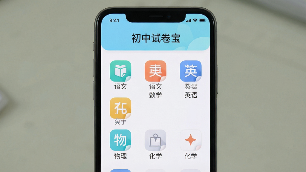 一张展示初中试卷宝软件主界面的手机截图,画面中央是手机屏幕,屏幕内显示软件首页,顶部有软件名称