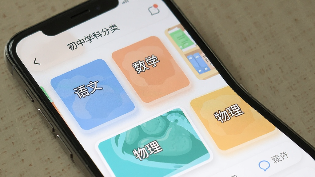 一张展示初中试卷宝学科分类页面的手机界面图,画面中手机屏幕内呈现多个学科卡片整齐排列,卡片上标注