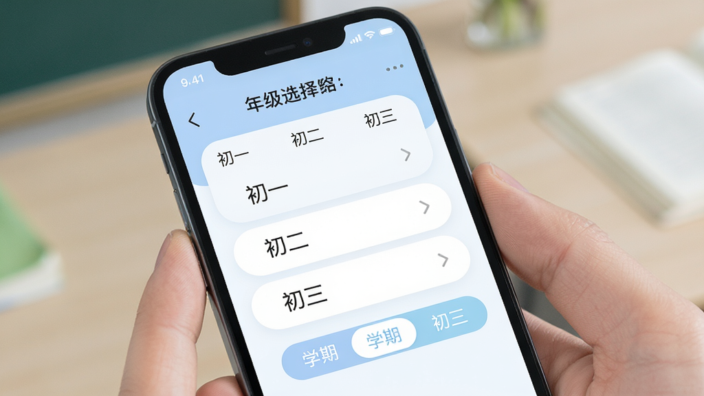 一张展示初中试卷宝年级筛选功能的手机界面图,画面中手机屏幕内显示年级选择列表,包含