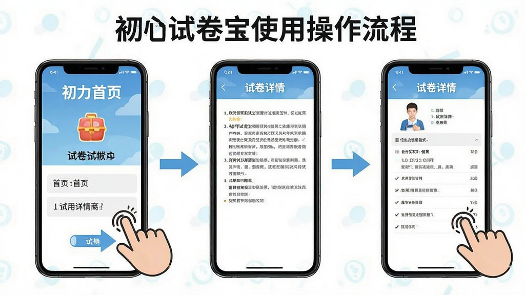 一张展示初中试卷宝使用操作流程的示意图,画面中手机屏幕旁配有手指点击图标与步骤箭头,屏幕内显示从首页到试卷详情页的跳转过程,整体风格清新简洁,布局清晰,细节丰富,画质干净,无多余元素