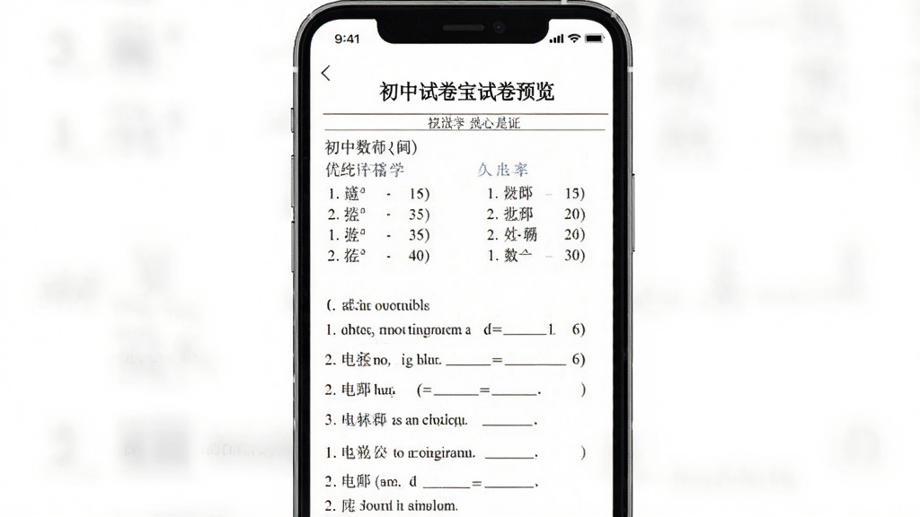 一张展示初中试卷宝试卷预览页面的手机界面图,画面中手机屏幕内显示一份数学试卷的内容,包含选择题与填空题等题型,页面排版清晰,文字可读性强,整体风格素雅,细节丰富,画质干净,无多余元素