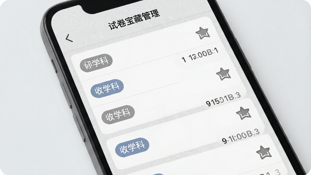 一张展示初中试卷宝收藏管理页面的手机界面图,画面中手机屏幕内呈现收藏列表,每条记录带有学科标签与收藏图标,界面采用浅灰质感风格,布局整齐,细节清晰,画质干净,无多余元素