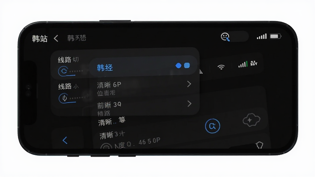 主体为手机屏幕展示韩站播放设置界面,包含线路切换列表与清晰度选项,界面采用深色模式,布局清晰,风格科技简约,细节包含选中状态高亮与网络状态标识,画质清晰干净,无多余元素