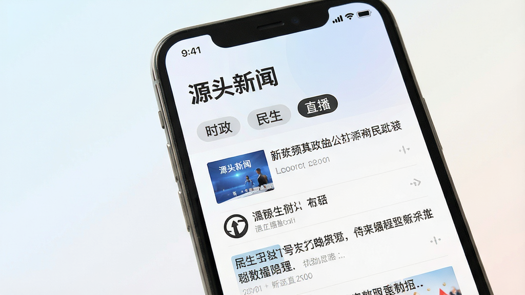 手机屏幕中展示新闻资讯列表界面,主标题写“源头新闻”,页面排版整洁,包含时政、民生、直播等频道标签,背景为浅色渐变,风格现代简约,细节清晰,画质干净,无多余元素