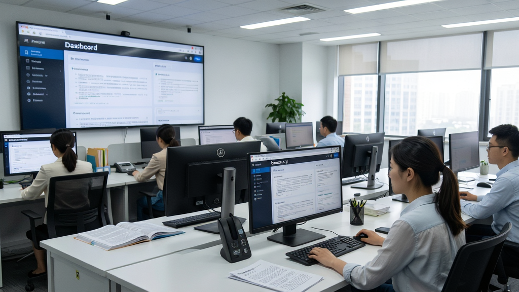 新闻编辑室场景,多块屏幕显示“源头新闻”后台内容管理界面,编辑人员正在筛选稿件,画面明亮整洁,风格写实,细节丰富,画质清晰,无多余元素
