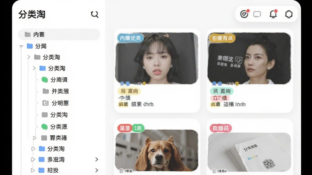 画面展示“分类淘”应用内的多级分类管理界面,左侧为树状分类目录,右侧为带彩色标签的内容卡片,界面风格清爽,采用浅色背景与圆角卡片设计,布局为左右分栏,细节清晰,画质干净,无多余元素