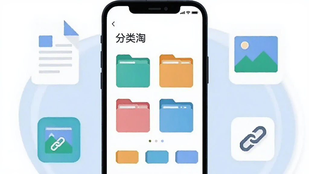 画面中央放置一部智能手机,屏幕显示“分类淘”应用主界面,界面中有彩色分类文件夹图标与标签栏,手机周围环绕悬浮的文档、图片、链接图标,采用扁平化插画风格,浅蓝与白色为主色调,布局简洁对称,细节清晰,画质干净,无多余元素