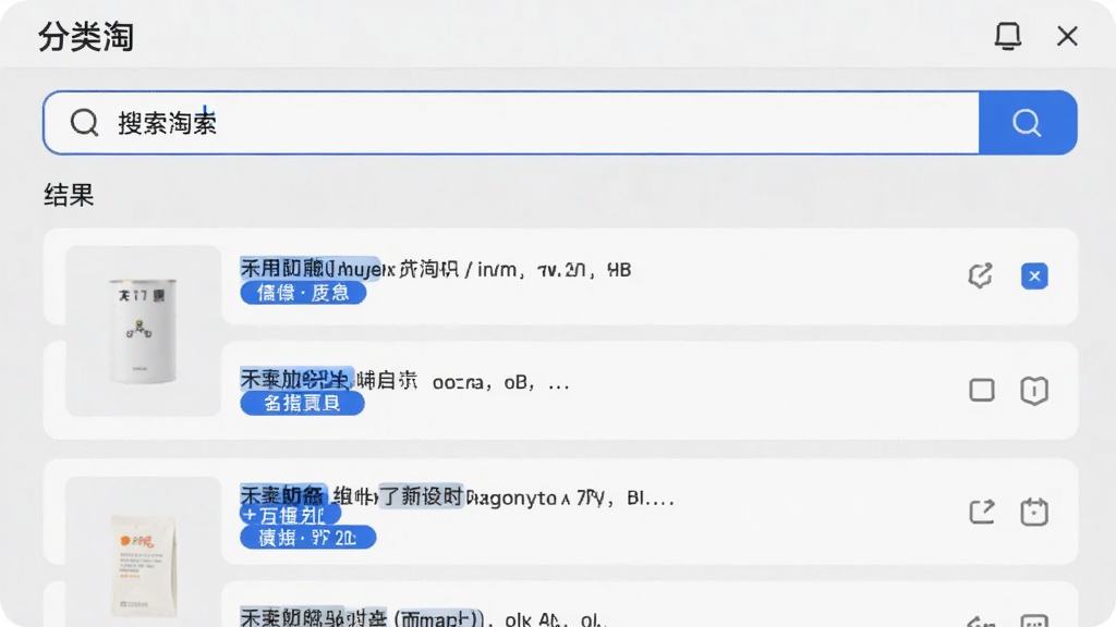 画面呈现“分类淘”搜索界面,顶部搜索框输入关键词,下方展示筛选后的结果列表,每条结果旁有高亮标签,界面采用浅灰与蓝色搭配,布局为上中下结构,风格简约现代,细节清晰,画质干净,无多余元素