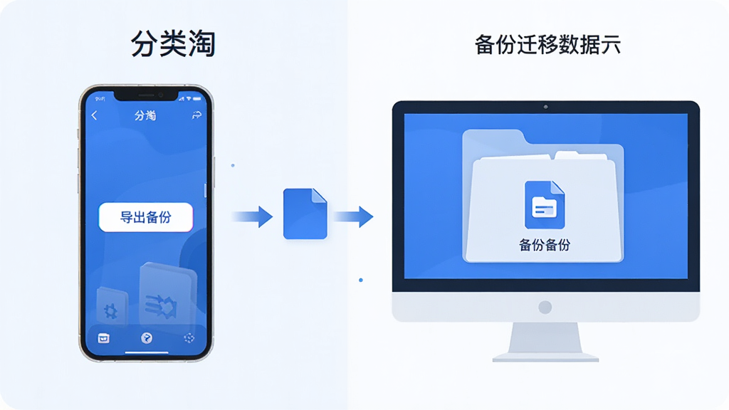 画面展示“分类淘”在手机与电脑之间通过备份文件迁移数据的示意图,手机屏幕显示导出备份按钮,电脑文件夹中出现备份文件,采用扁平科技风格,蓝白配色,布局为左右对照,细节清晰,画质干净,无多余元素
