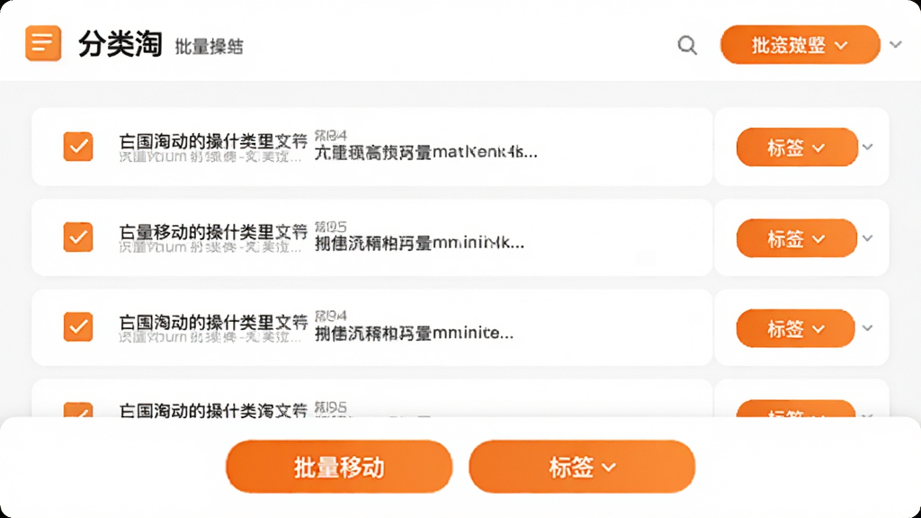 画面展示“分类淘”批量操作界面,多条内容前出现勾选框,底部弹出批量移动与标签按钮,界面采用白色卡片与橙色强调色,布局为列表式,风格轻快,细节清晰,画质干净,无多余元素