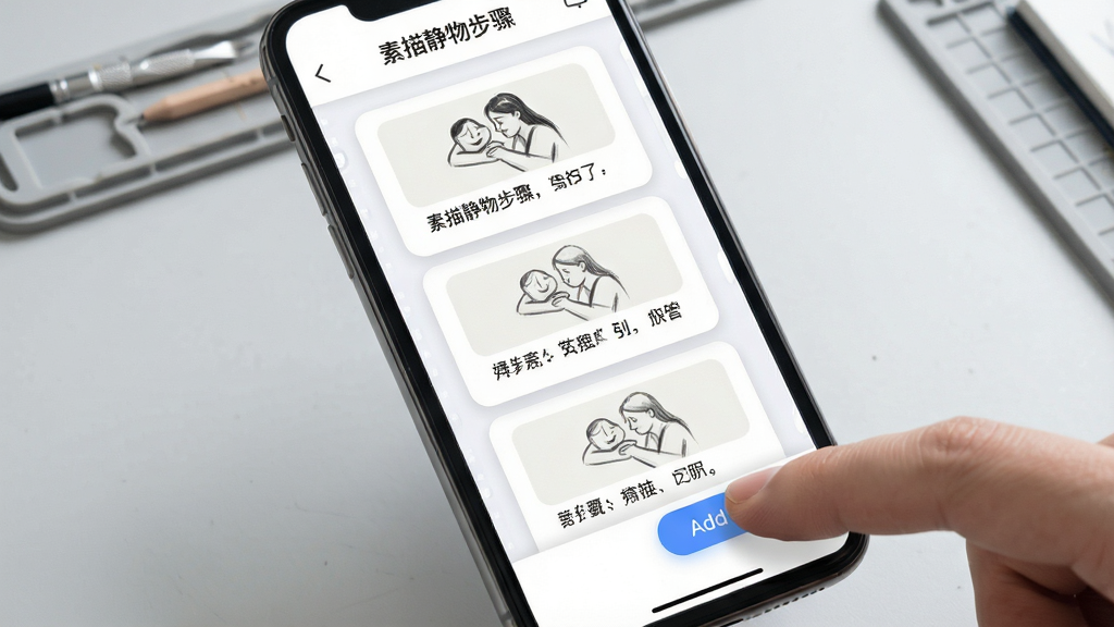 手机屏幕特写,界面中正在编辑一个“素描静物步骤”课件,画面里有三个步骤卡片纵向排列,每个卡片上方是范画缩略图下方是简短文字说明,手指正在点击添加按钮,背景为浅灰色工作台,风格为简洁的UI界面展示图,细节包括卡片圆角和阴影,画质清晰,干净无多余元素