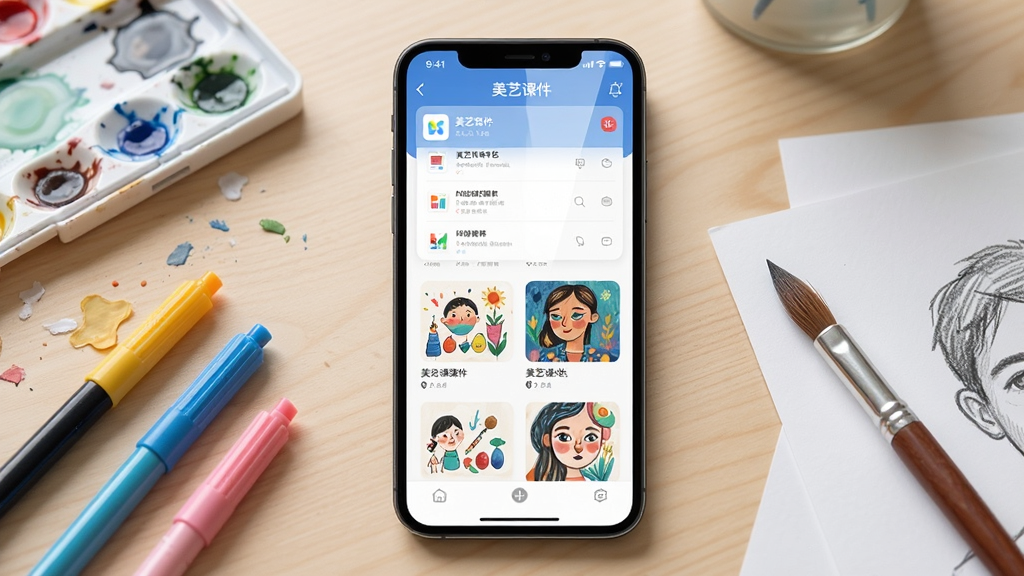 画面中央是一部竖屏智能手机,屏幕上显示“美艺课件”应用的主界面,界面中有课件列表和美术范画缩略图,手机两侧摆放着水彩笔、调色盘和几张素描纸,背景是浅木色桌面,整体布局干净整洁,风格为清新写实的产品展示图,细节包括屏幕反光和笔刷纹理,画质清晰,光线柔和,无多余元素