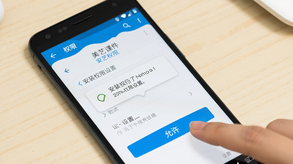 一部安卓手机屏幕显示“美艺课件”的安装权限设置页面,旁边有一只手正在点击“允许”按钮,画面中有提示框和设置选项,背景为浅色桌面,风格为手机操作示意图,细节包括界面文字和按钮高亮,画质清晰,构图简洁,无多余元素