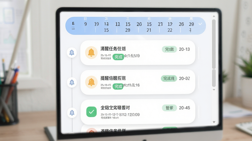 主体为随访提醒与计划看板界面,布局为顶部日历条加下方任务卡片列表,排版为纵向信息流,风格为柔和圆角浅色系,细节包含提醒铃铛图标、完成状态标签与日期标记,画质高清、干净、无多余元素