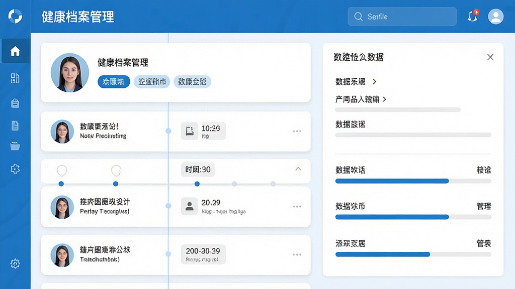 主体为健康档案管理界面,布局为左侧档案列表右侧详情面板,排版为卡片式分栏,风格为简约医疗蓝白配色,细节包含头像、标签、时间线与数据条目,画质清晰、干净、无多余元素
