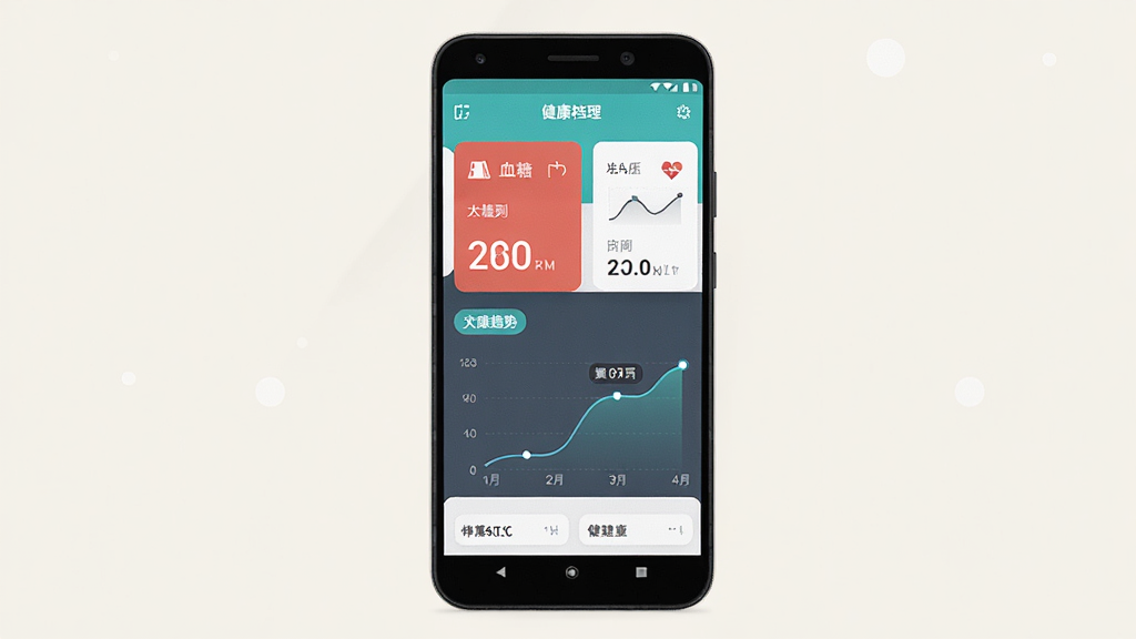 主体为一部安卓手机,屏幕中显示健康管理应用界面,包含血压血糖数据卡片与趋势曲线,布局为手机居中、浅色背景,排版简洁上下结构,风格为清爽扁平化科技风,细节包含图标、数据图表与健康档案标签,画质高清、干净、无多余元素