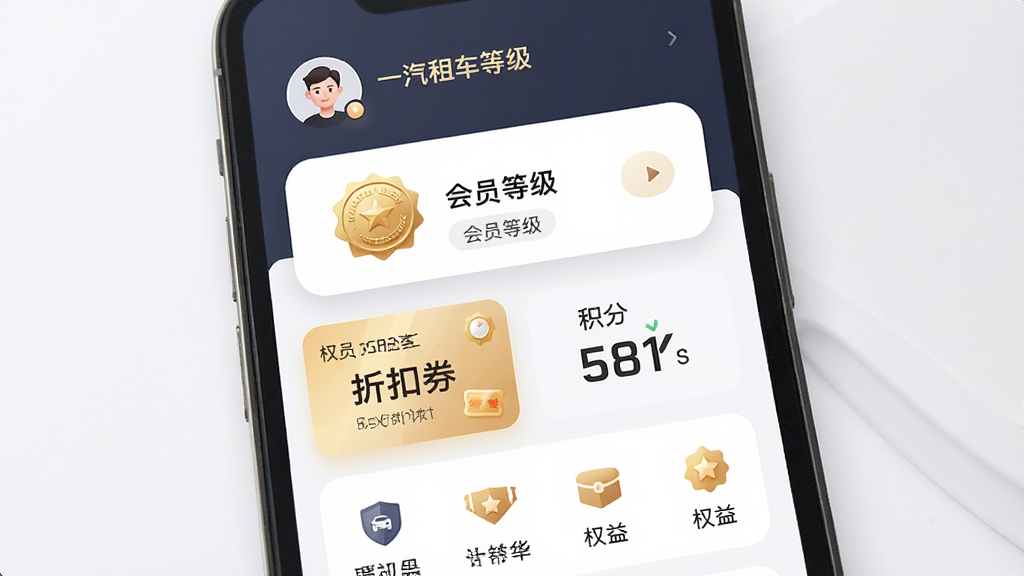一汽租车会员权益页面展示,主体为手机屏幕内呈现会员等级卡片与权益图标列表,顶部显示用户头像与等级标识,中部为折扣券与积分数字展示,布局为纵向卡片堆叠,排版疏密有致,风格为柔和圆角商务风界面,细节含金色等级徽章与权益小图标,画质高清,画面干净,无多余元素
