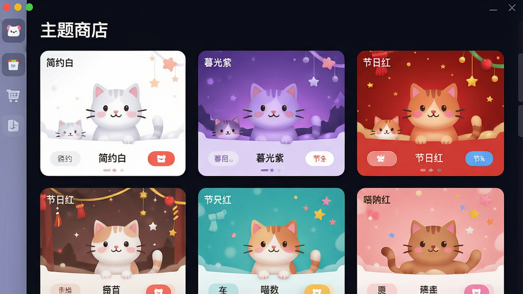 一张软件主题设置界面图,画面中展示喵喵倒数软件的个性化主题选择页面,屏幕上排列着多个主题预览卡片,每个卡片展示不同的配色方案和卡片样式,例如“简约白”、“暮光紫”、“节日红”等,页面顶部有“主题商店”字样,整体界面色彩丰富但排列有序,风格活泼不失整洁,画质清晰,细节精致