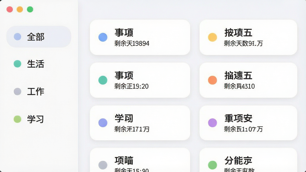 一张软件功能界面展示图,画面中呈现喵喵倒数软件的日期分类管理界面,左侧为竖排分类标签栏,包含“全部”、“生活”、“工作”、“学习”等选项,右侧为对应分类下的日期卡片列表,每张卡片左侧有一个彩色圆点标识分类,卡片上显示事项名称和剩余天数,界面采用浅色背景搭配圆角矩形卡片,风格柔和现代,画质高清,布局整洁有序