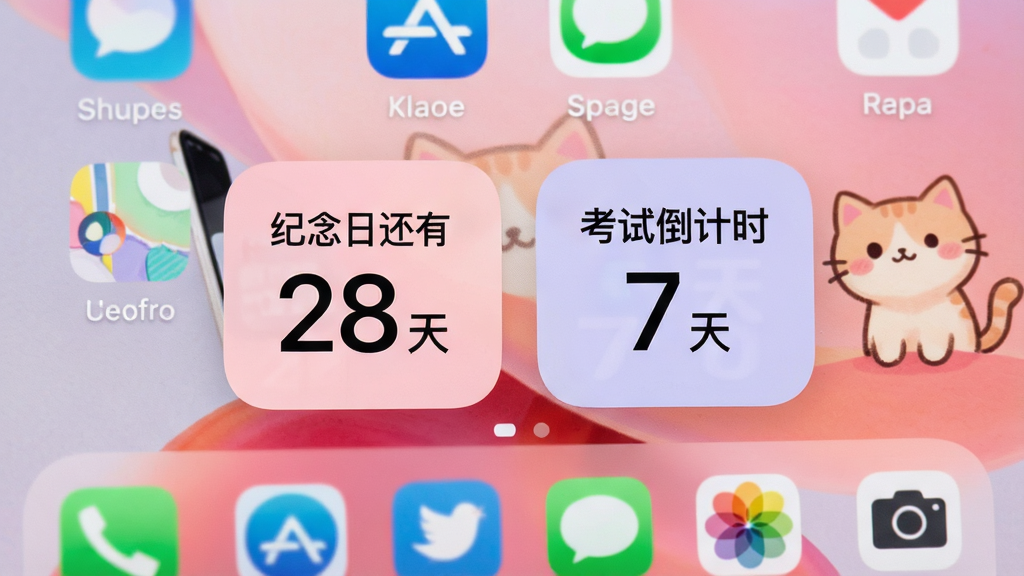 一张手机桌面场景图,画面展示喵喵倒数软件的桌面小组件效果,桌面上放置了两个不同尺寸的小组件,小组件中清晰显示“纪念日还有 28 天”和“考试倒计时 7 天”等文字信息,小组件背景分别为柔和的粉色和淡紫色,与桌面壁纸风格统一,周围环绕着其他常用应用图标,整体画面明亮清晰,风格生活化,画质细腻