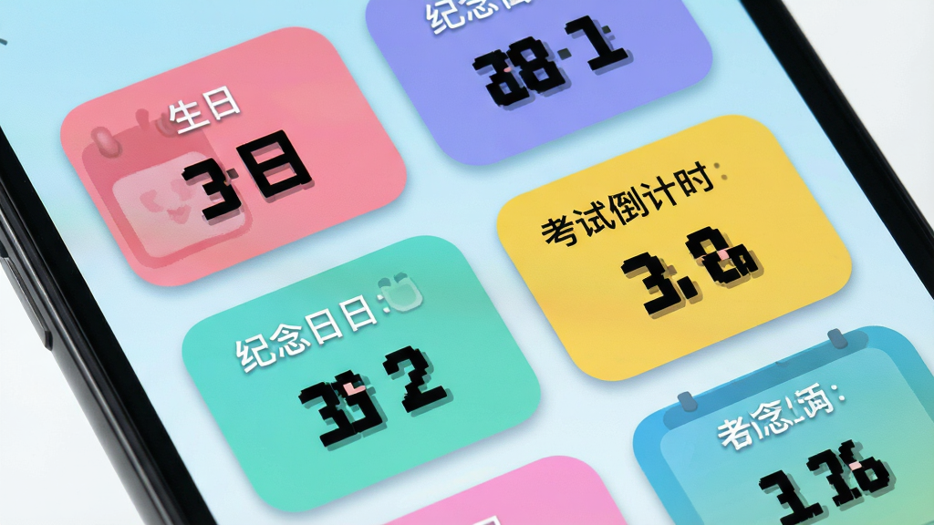 一张手机屏幕特写图,画面中心显示喵喵倒数软件的首页界面,背景为淡雅的浅蓝色渐变,界面中整齐排列着多个彩色圆角卡片,每张卡片上分别标注着“生日”、“纪念日”、“考试倒计时”等字样和对应的天数数字,数字采用大号加粗字体,卡片下方有细微的阴影效果,整体风格清新简约,画质清晰锐利,干净无多余装饰元素