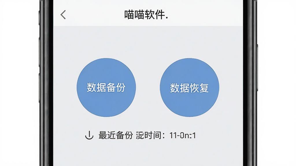 一张数据备份功能示意图,画面以手机屏幕形式展示喵喵倒数软件的数据管理页面,页面中央显示“数据备份”和“数据恢复”两个圆形按钮,按钮下方有最近一次备份时间的文字提示,背景为浅灰色,整体风格简洁商务,画质清晰,无杂乱元素