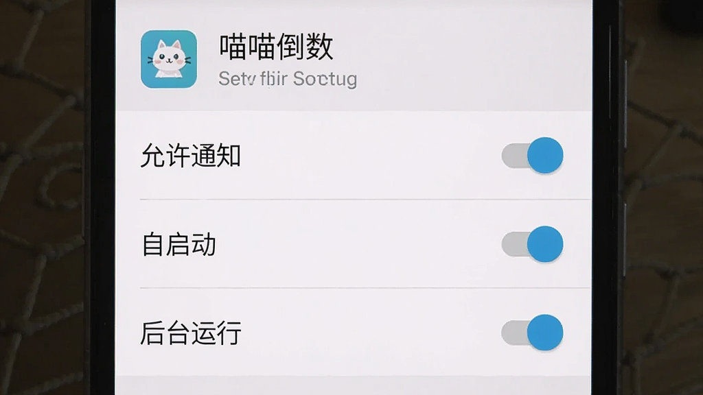 一张手机应用权限设置界面示意图,画面展示安卓系统设置中关于喵喵倒数应用的通知管理和自启动权限开关页面,界面中包含“允许通知”、“自启动”、“后台运行”等选项开关,背景为系统默认的浅色设置界面,整体风格直观清晰,画质干净,无多余装饰