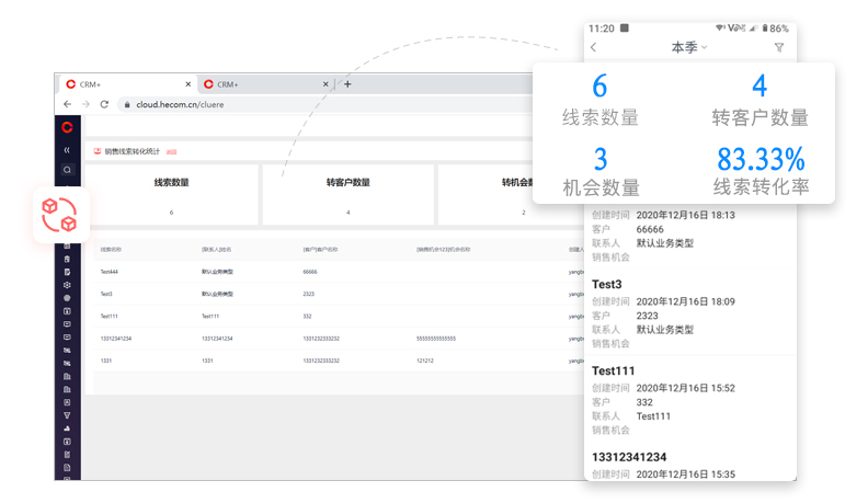 红圈CRM+ 商机漏斗看板与客户管理界面