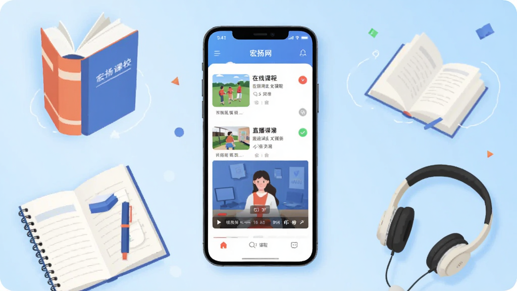 宏扬网校 手机APP界面展示,画面中央是一部竖屏智能手机,屏幕内呈现在线课程列表与直播课堂画面,手机周围环绕书籍、笔记本、耳机等学习用品,背景为浅蓝色渐变,布局简洁居中,风格现代扁平化插画,细节清晰,画质干净明亮,无多余元素
