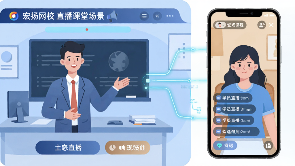 宏扬网校 直播课堂场景,画面左侧为讲师授课的直播间画面,右侧为手机端学员观看直播并发送弹幕提问,中间有数据连线表示互动,布局左右分栏,风格科技感扁平插画,细节包含课程标题栏与互动按钮,画质清晰干净,无多余元素